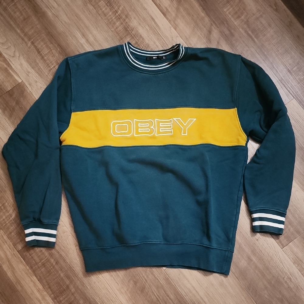Obey Men’s Teal Crewneck Sweatshirt Mustard Stripe Logo